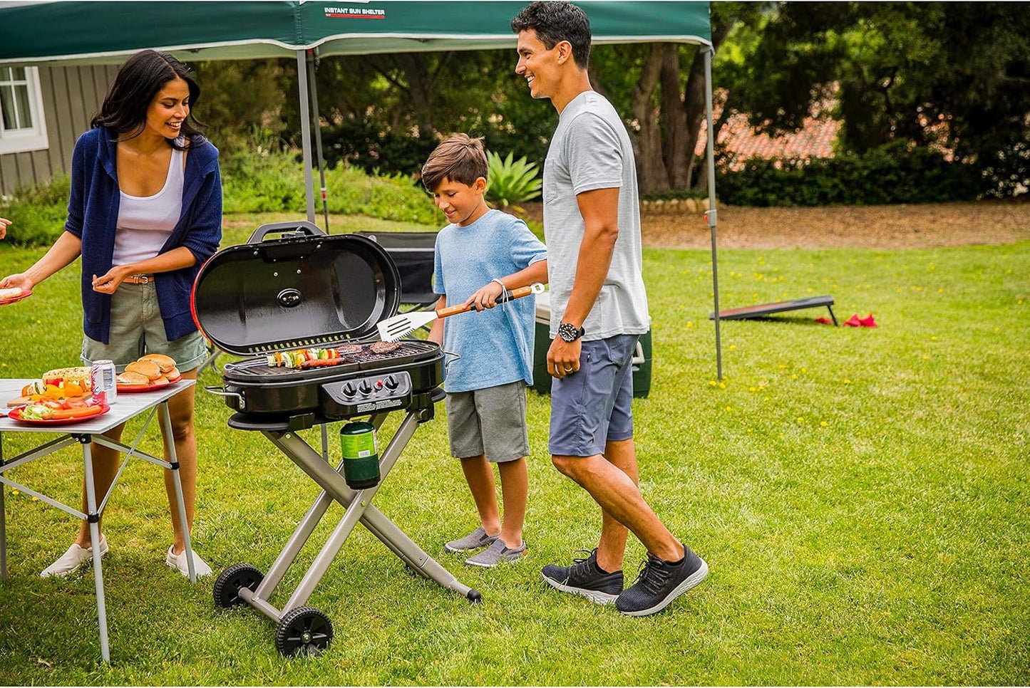 RoadTrip Portable Stand-Up Propane Grill with 3 Adjustable Burners & Instastart Ignition, 20,000 BTUs of Power for Outdoor Cooking