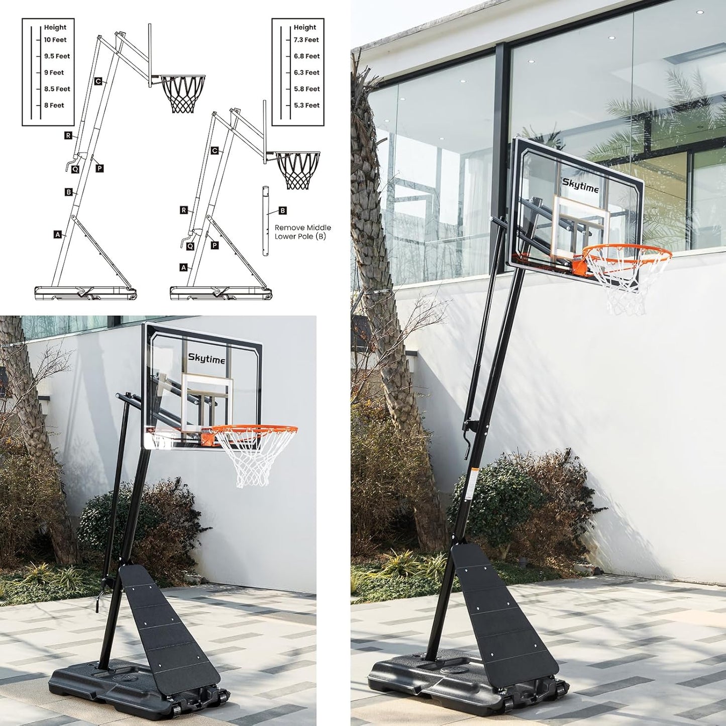 Basketball Hoop 48 Inch Backboard Portable Basketball Hoop Outdoor,5.3-10ft Stepless Regulation Crank Adjust Basketball Goal System