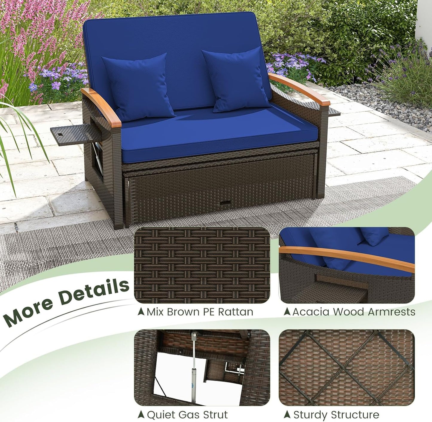 Moccha Outdoor Wicker Daybed, Patio Rattan Loveseat Sofa w/ 4-Level Adjustable Backrest, Folding Panels, Storage Ottoman & Cushions, Lounge Furniture Set for Poolside Backyard Porch (Beige)