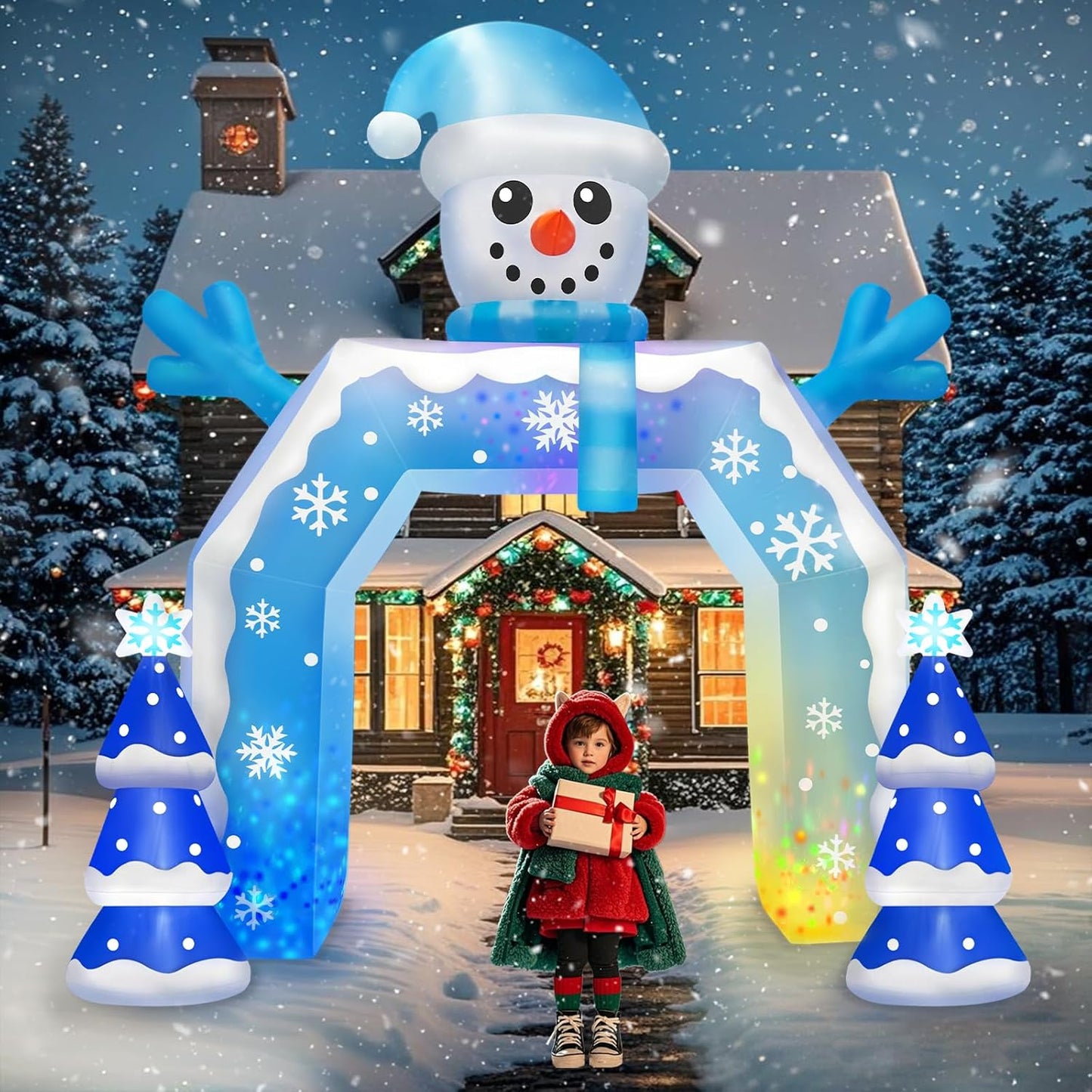 10-foot inflatable Christmas candy castle toy, equipped with Santa Claus, puppets and LED lights, suitable for decoration in gardens, lawns and flower beds.