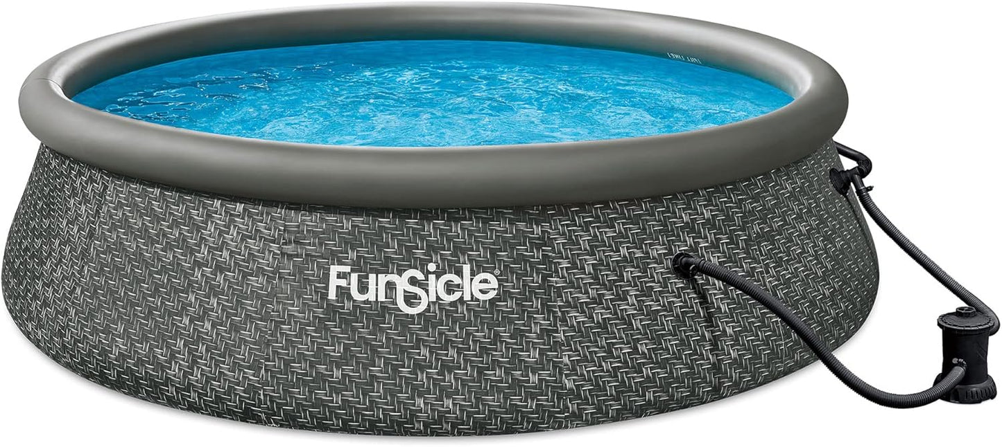 12 Foot by 36 Inch Quickset Round Inflatable Ring Top Outdoor Above Ground Swimming Pool Set with Pump and Cartridge Filter, Dark Herringbone