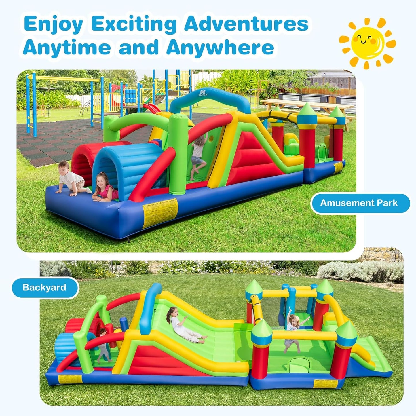 Inflatable Obstacle Course Bounce House, Kids Huge Sectional Bouncy Castle with Dual Slides, Tunnels, Bounce Area, Climbing, Obstacles, Playhouse for Kids Indoor Outdoor Birthday Party Gift