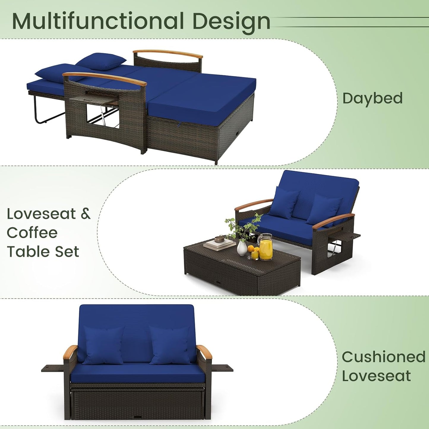 Moccha Outdoor Wicker Daybed, Patio Rattan Loveseat Sofa w/ 4-Level Adjustable Backrest, Folding Panels, Storage Ottoman & Cushions, Lounge Furniture Set for Poolside Backyard Porch (Beige)