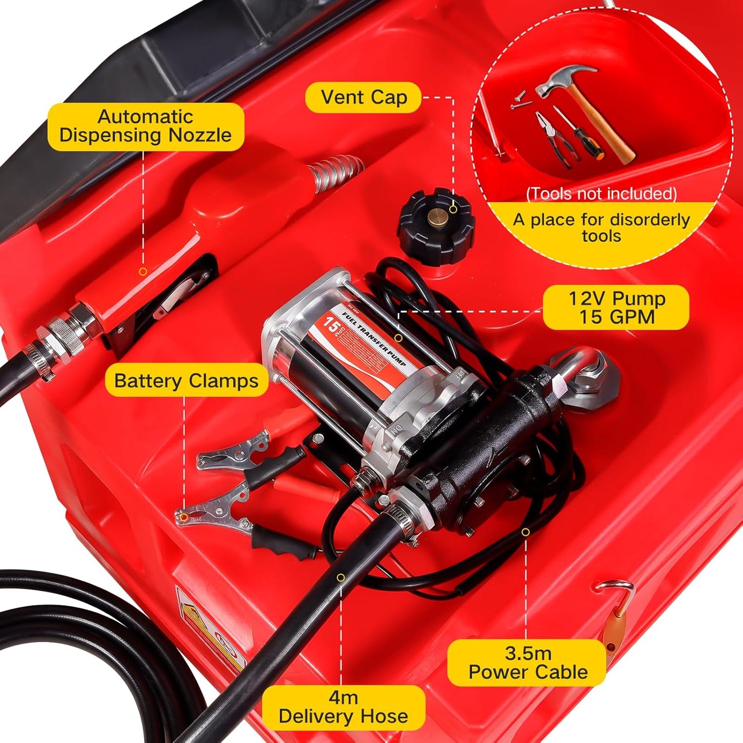 Portable 48 Gallon Fuel Tank with Pump for Gasoline & Diesel, 15GPM High Flow Rate 12V DC Self-Priming Fuel Transfer Pump, 13.1ft Hose, Auto Fueling Nozzle, for Easy Fuel Transportation