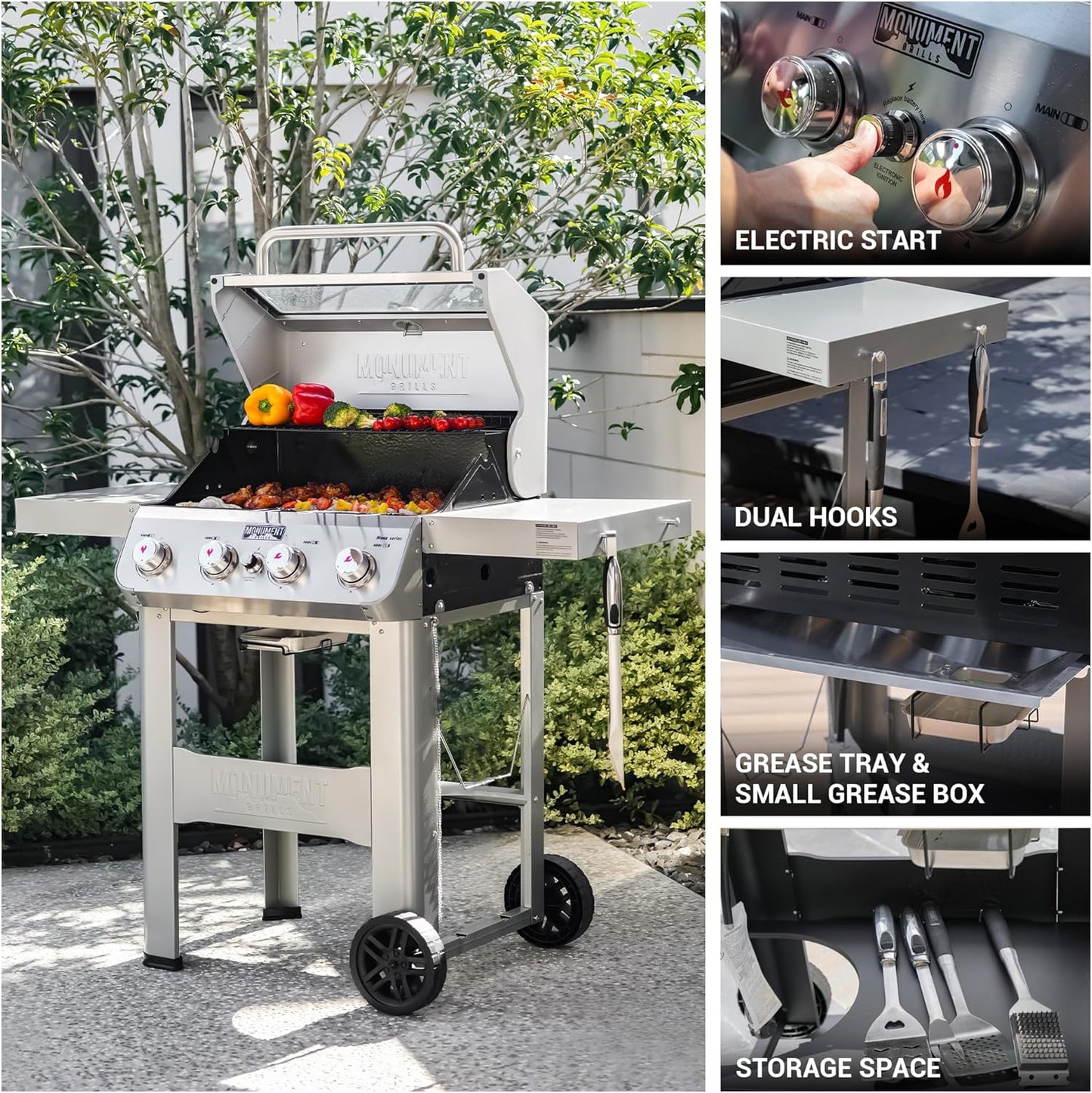 Grills 4-Burner Liquid Propane Gas Grill, Silver Stainless Steel Grill Outdoor Patio Garden Barbecue Grill with Clearview庐 Lid and One Foldable Shelf, Mesa400MF
