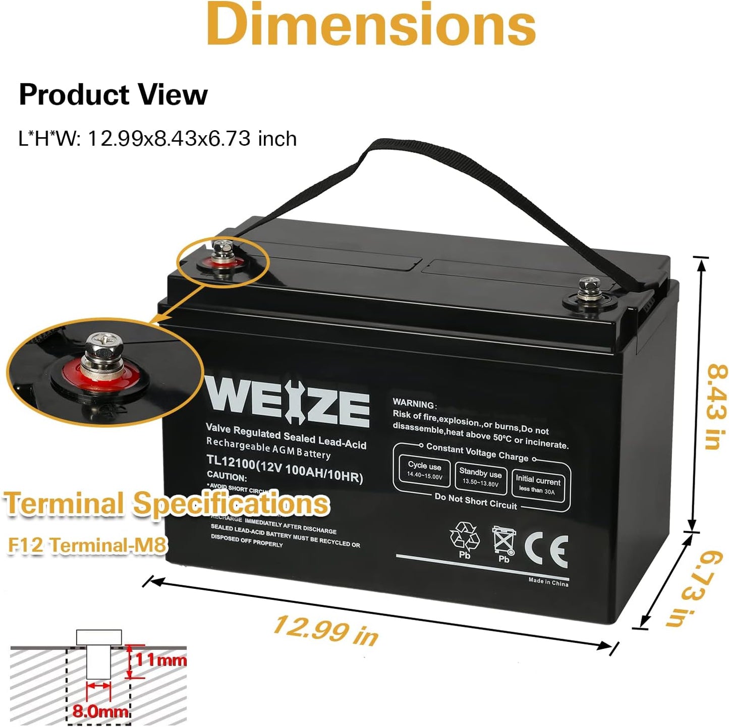 Deep Cycle AGM 12 Volt 100Ah Battery, Maintenance-Free, 3% Self-Discharge Rate, 1150A Max Discharge Current, Perfect for RV, Solar, Trolling Motor, Wind, Marine, Camping and Off-Grid System