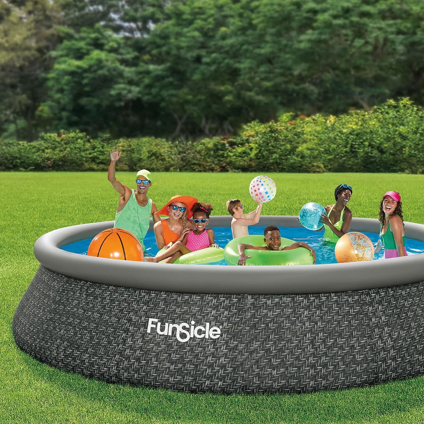12 Foot by 36 Inch Quickset Round Inflatable Ring Top Outdoor Above Ground Swimming Pool Set with Pump and Cartridge Filter, Dark Herringbone