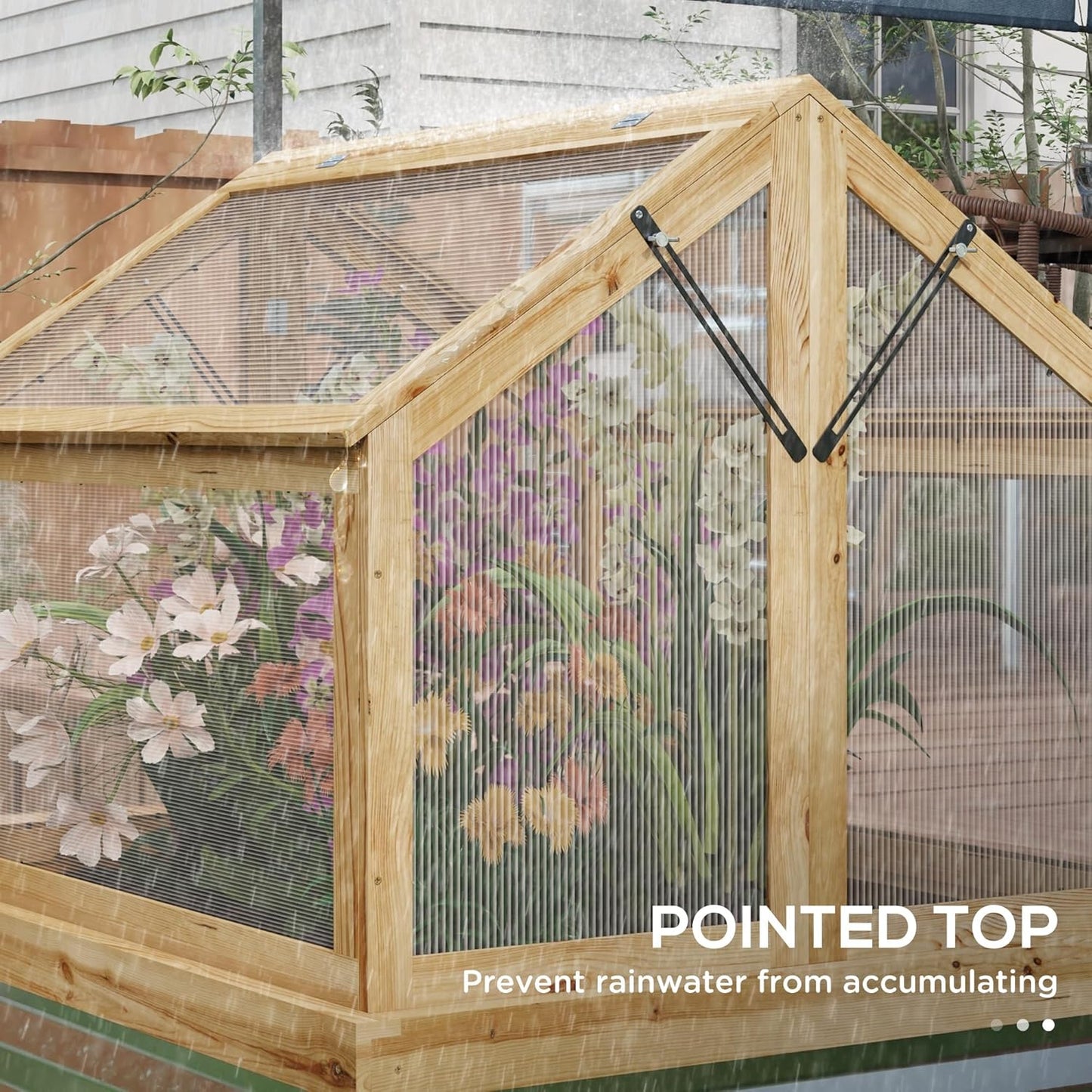 Raised Garden Bed with Polycarbonate Greenhouse, Wooden Cold Frame Greenhouse, Garden Flower Planter Protection, Peak Roof, 35.5" x 31.5" x 36", Natural