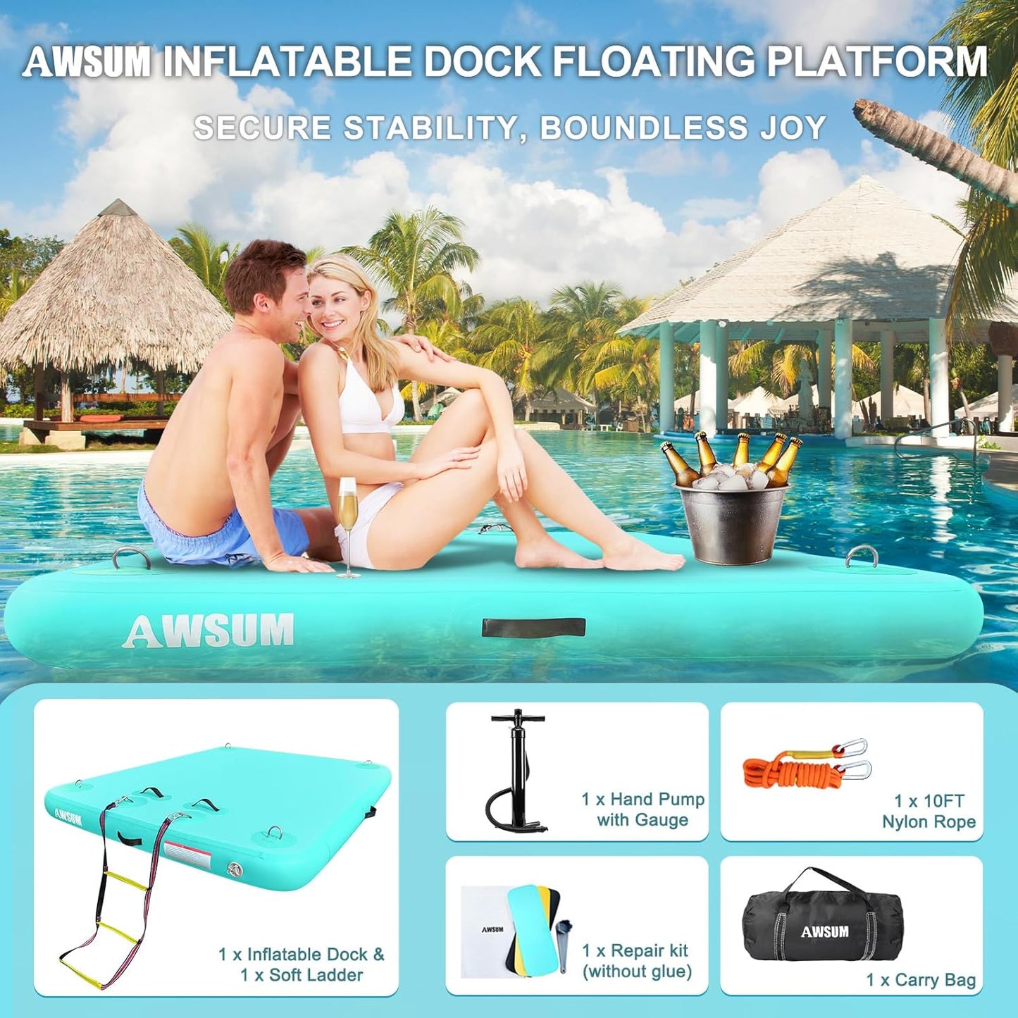 Inflatable Floating Dock Air Dock Platform Floating Island Raft with None-Slip Surface for Pool Beach Ocean