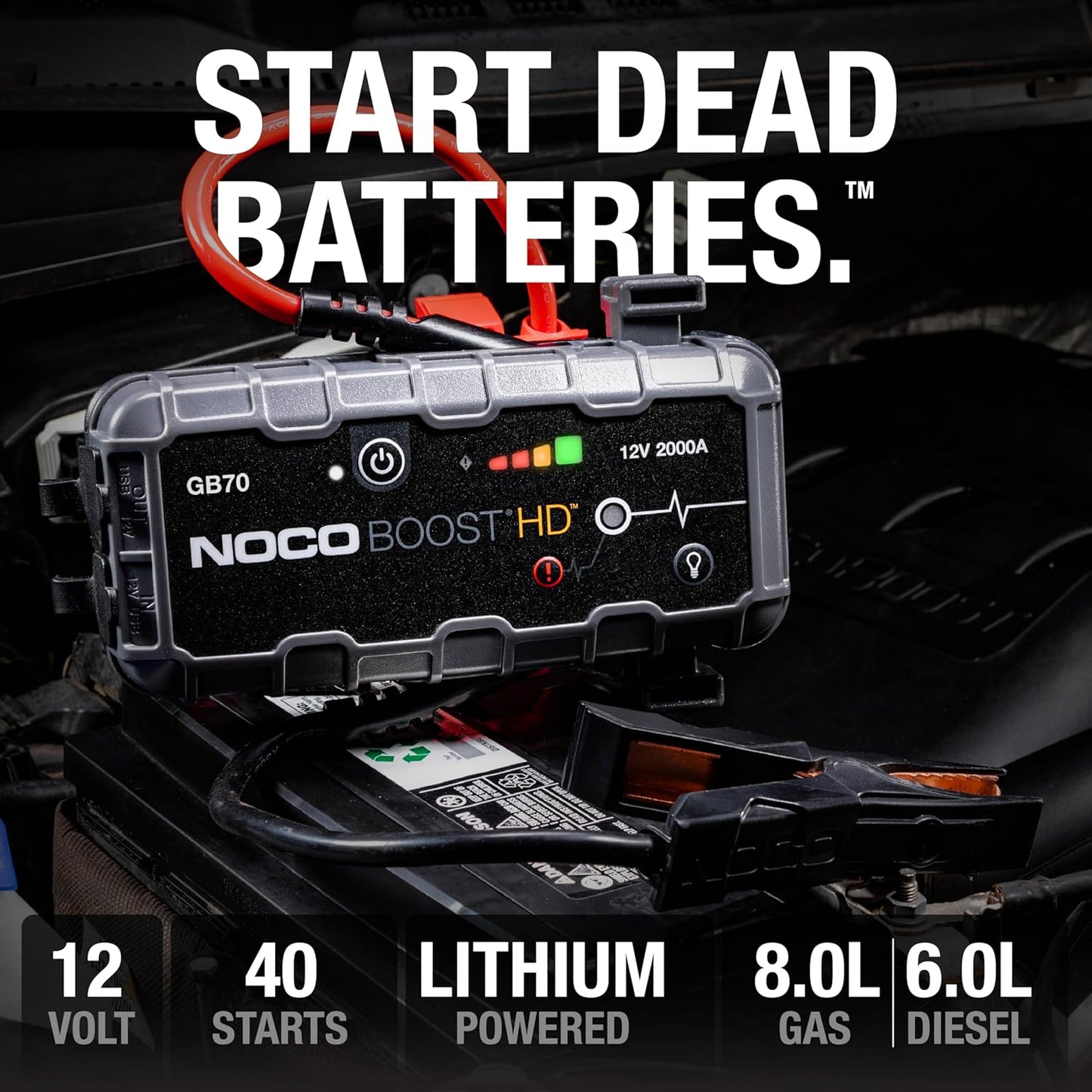 HD GB70 2000A UltraSafe Car Battery Jump Starter, 12V Battery Booster Pack, Jump Box, Portable Charger and Jumper Cables for 8.0L Gasoline and 6.0L Diesel Engines