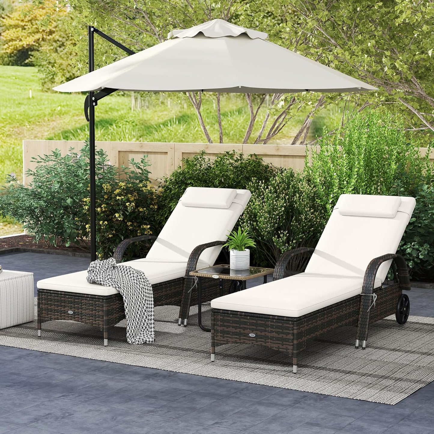 Wicker Outdoor Chaise Lounge, 5-Level Adjustable Backrest PE Rattan Pool Lounge Chair with Wheels, Cushion & Headrest, Brown and Dark Blue