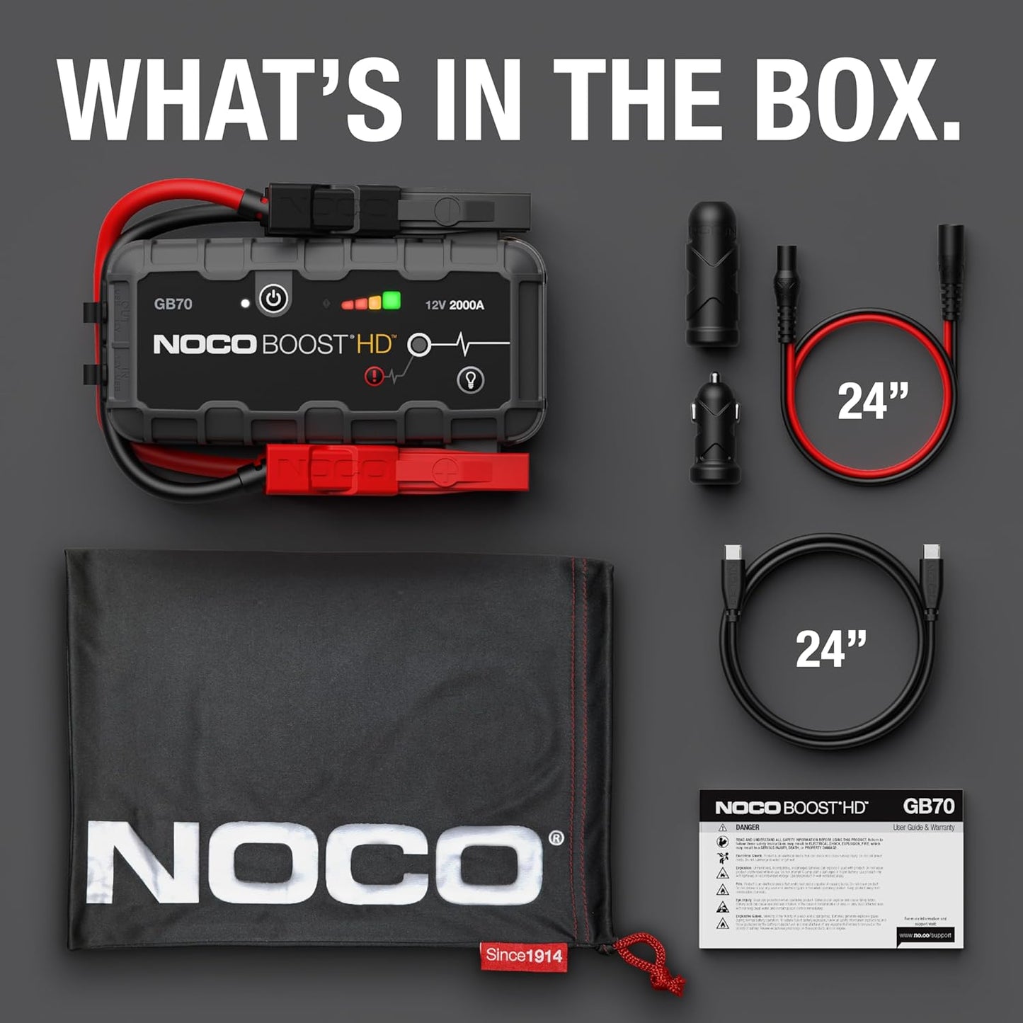 HD GB70 2000A UltraSafe Car Battery Jump Starter, 12V Battery Booster Pack, Jump Box, Portable Charger and Jumper Cables for 8.0L Gasoline and 6.0L Diesel Engines