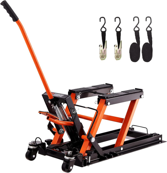 Hydraulic Motorcycle Lift Jack 1500 LBS Capacity ATV Scissor Lift Jack Portable Motorcycle Lift Table with 4 Wheels Hydraulic Foot-Operated Hoist Stand for Motorcycle ATV UTV Powersports