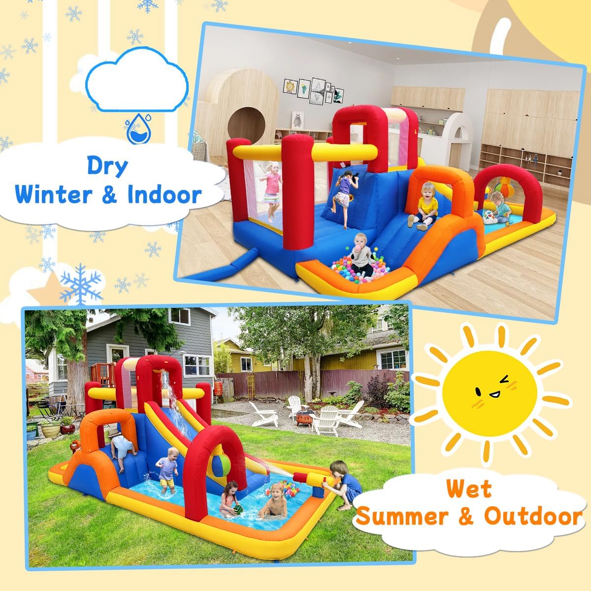 Inflatable Water Slide, 10 in 1 Water Park Bounce House with Blower, Splash Pool, 2 Slides, Water Cannon, Climbing Wall, Blow up Water Slides for Kids Outdoor Backyard