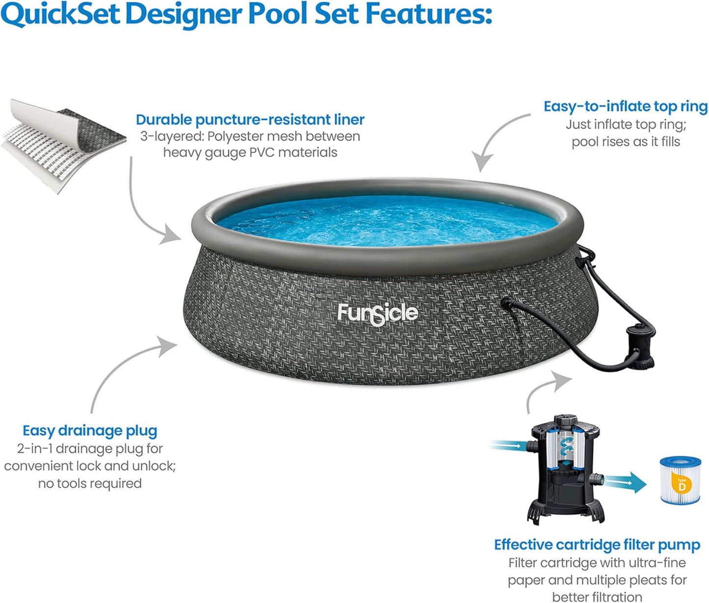 12 Foot by 36 Inch Quickset Round Inflatable Ring Top Outdoor Above Ground Swimming Pool Set with Pump and Cartridge Filter, Dark Herringbone