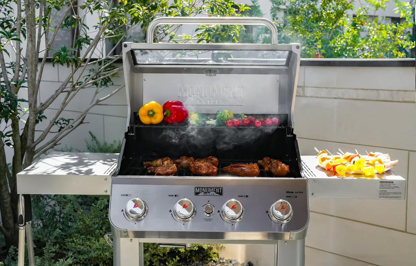 Grills 4-Burner Liquid Propane Gas Grill, Silver Stainless Steel Grill Outdoor Patio Garden Barbecue Grill with Clearview庐 Lid and One Foldable Shelf, Mesa400MF