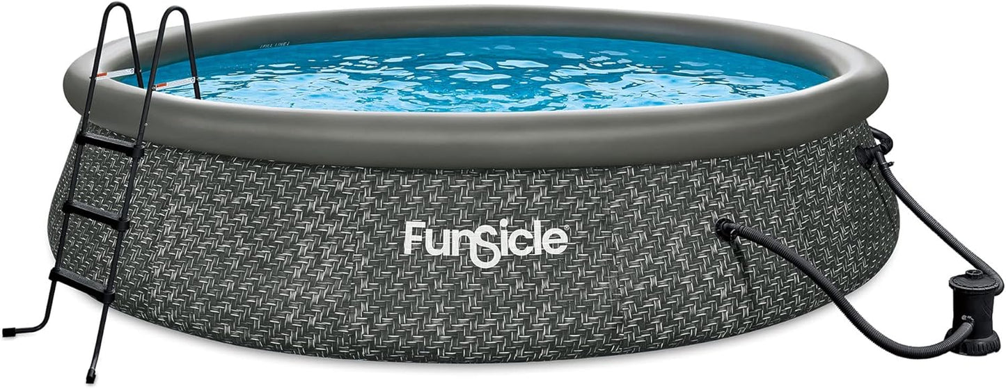 12 Foot by 36 Inch Quickset Round Inflatable Ring Top Outdoor Above Ground Swimming Pool Set with Pump and Cartridge Filter, Dark Herringbone