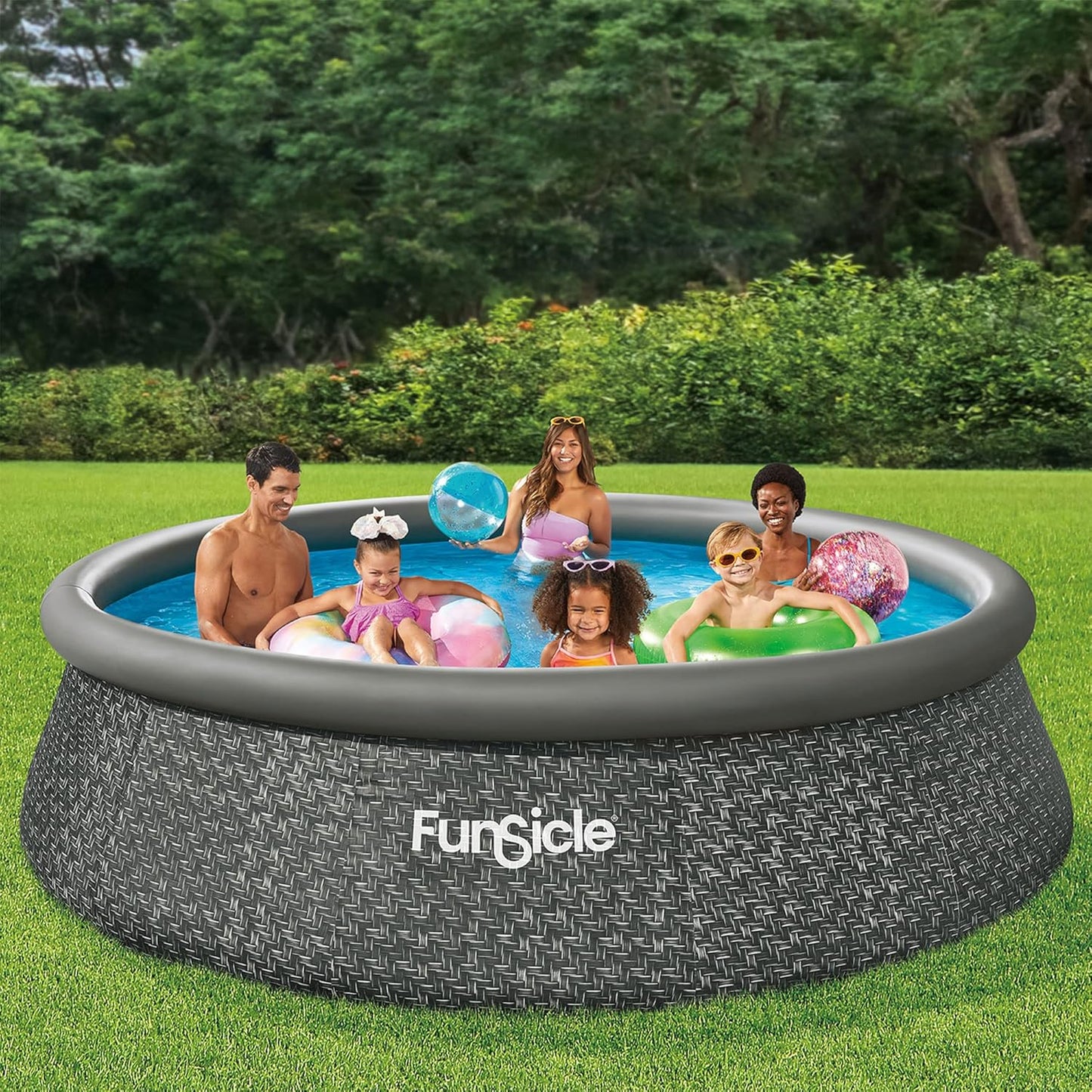 12 Foot by 36 Inch Quickset Round Inflatable Ring Top Outdoor Above Ground Swimming Pool Set with Pump and Cartridge Filter, Dark Herringbone