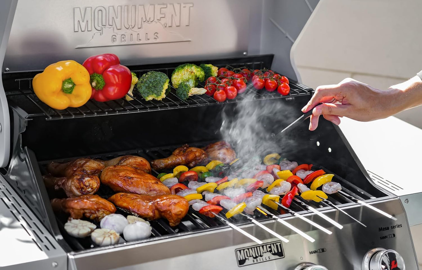 Grills 4-Burner Liquid Propane Gas Grill, Silver Stainless Steel Grill Outdoor Patio Garden Barbecue Grill with Clearview庐 Lid and One Foldable Shelf, Mesa400MF