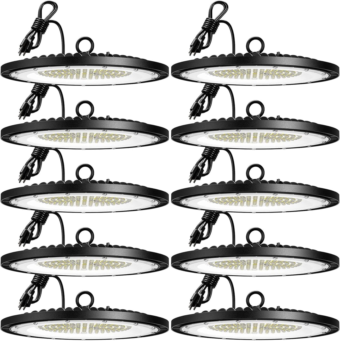 200-watt, 10 sets of UFO lamps, LED ceiling lights, 28,000 lumens, 5000K LED ceiling lights, 5-foot cable, can replace 650-watt metal halide/hot mercury lamps, suitable for gyms, factories, barns and warehouses.