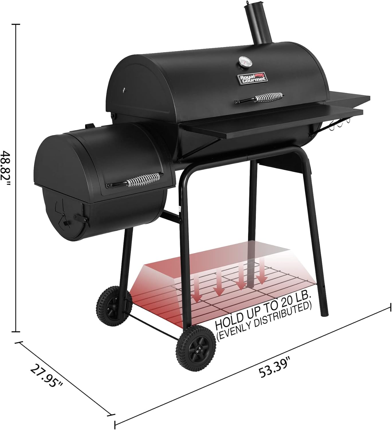 CC1830S 30" BBQ Charcoal Grill and Offset Smoker | 811 Square Inch cooking surface, Outdoor for Camping | Black