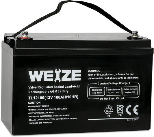 Deep Cycle AGM 12 Volt 100Ah Battery, Maintenance-Free, 3% Self-Discharge Rate, 1150A Max Discharge Current, Perfect for RV, Solar, Trolling Motor, Wind, Marine, Camping and Off-Grid System