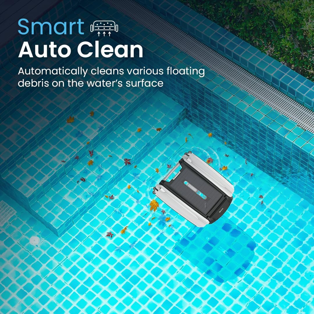 Solar Powered Automatic Robotic Pool Surface Skimmer Cleaner with 24/7 Continuous Cleaning Battery Power and Re-Engineered Twin Salt Chlorine Tolerant Motors (Blue)