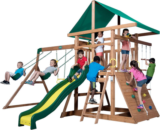 Cedar Wood Swing Set with Wave Slide, Play Deck, Double Rock Wall, Rope Ladder, Web Swing, Belt Swings, Toy Telescope, Steering Wheel, Sandbox Area, Outdoor Playset