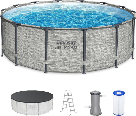 Above Ground Swimming Pool w/ Pump, Cover, & Ladder, 14' x 48", Steel Pro MAX, Gray - Backyard Outdoor Round Pool w/ Filter, 42-Inch Deep Water