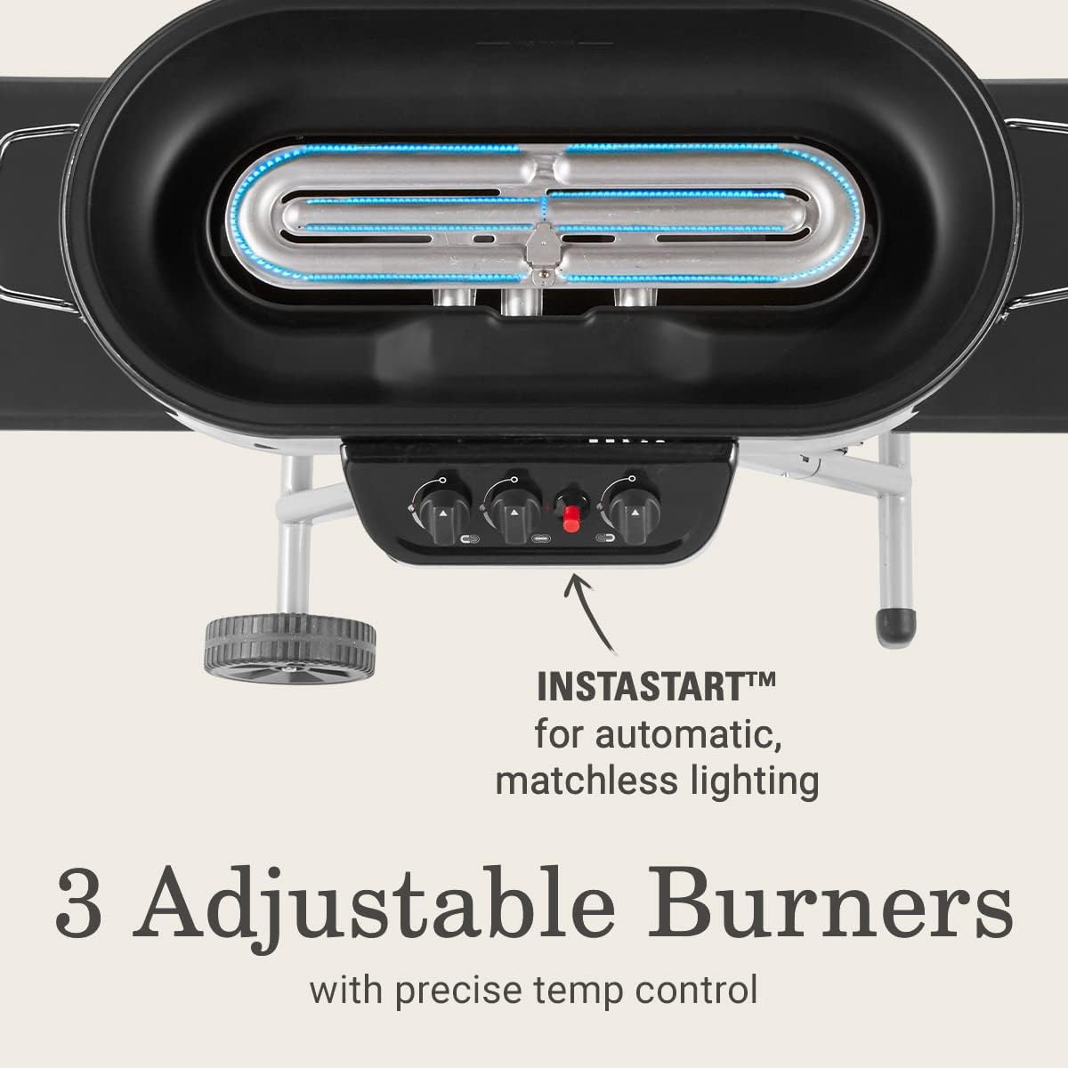 RoadTrip Portable Stand-Up Propane Grill with 3 Adjustable Burners & Instastart Ignition, 20,000 BTUs of Power for Outdoor Cooking