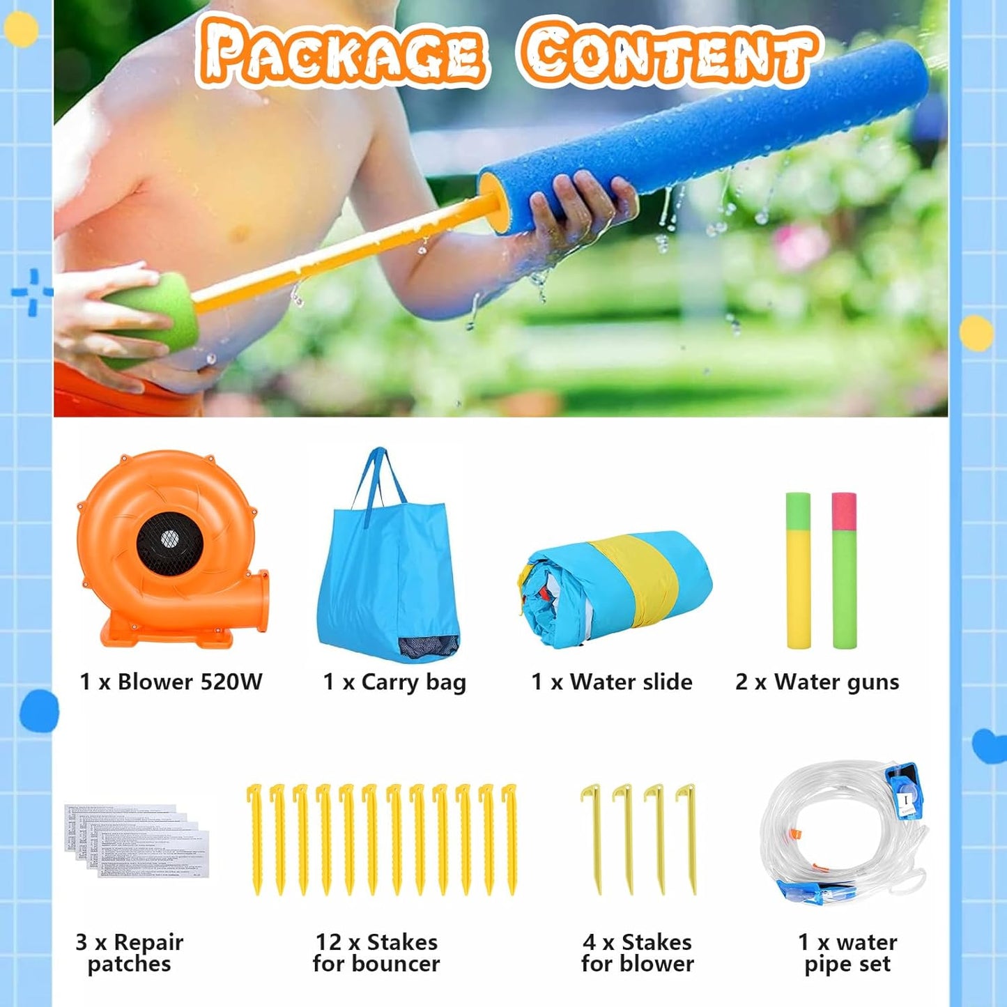Inflatable Water Slide, 6 in 1 Outdoor Inflatable Water Park with Climbing, Basketball Rim, Splash Pool, Water Cannon, Blow up Water Slides for Kids Backyard