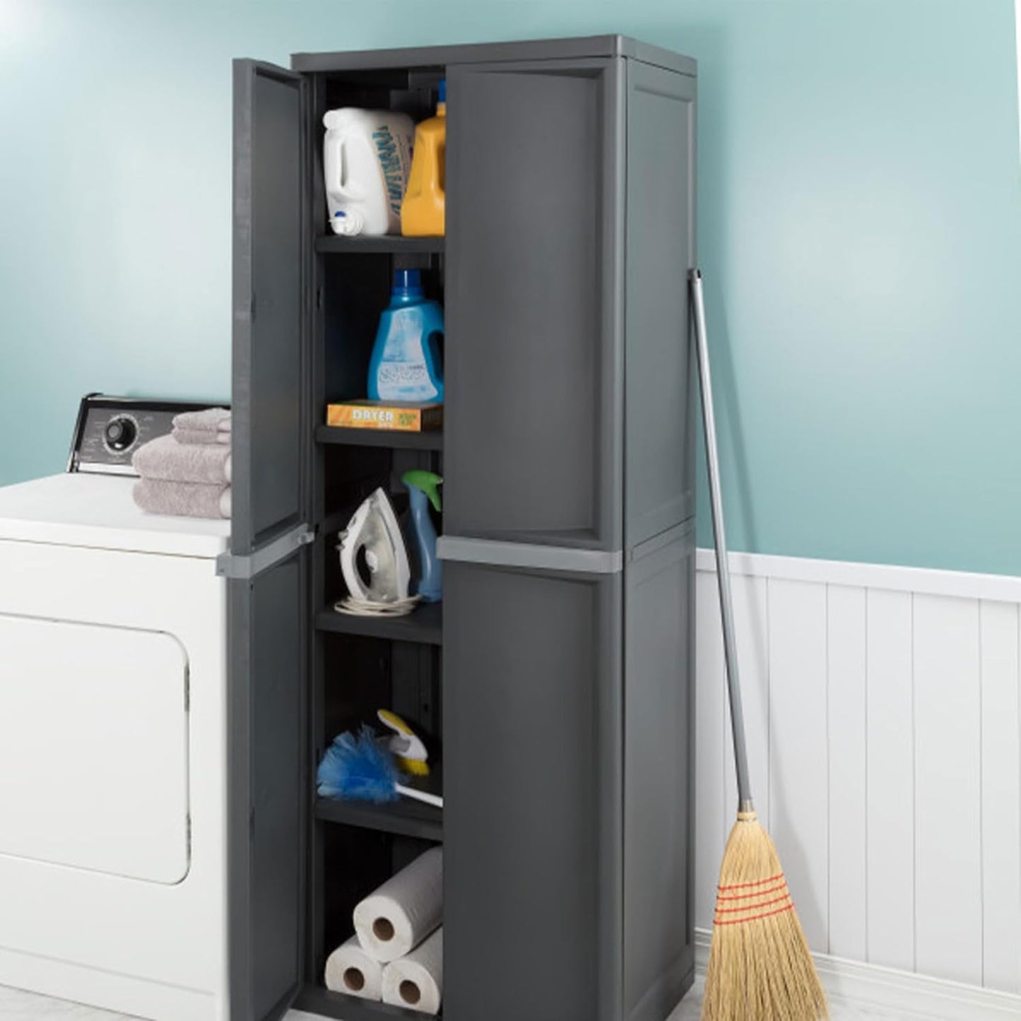Storage Cabinet, Rugged Plastic Garage Organizer with Double Doors, 4 Adjustable Shelves, Gray