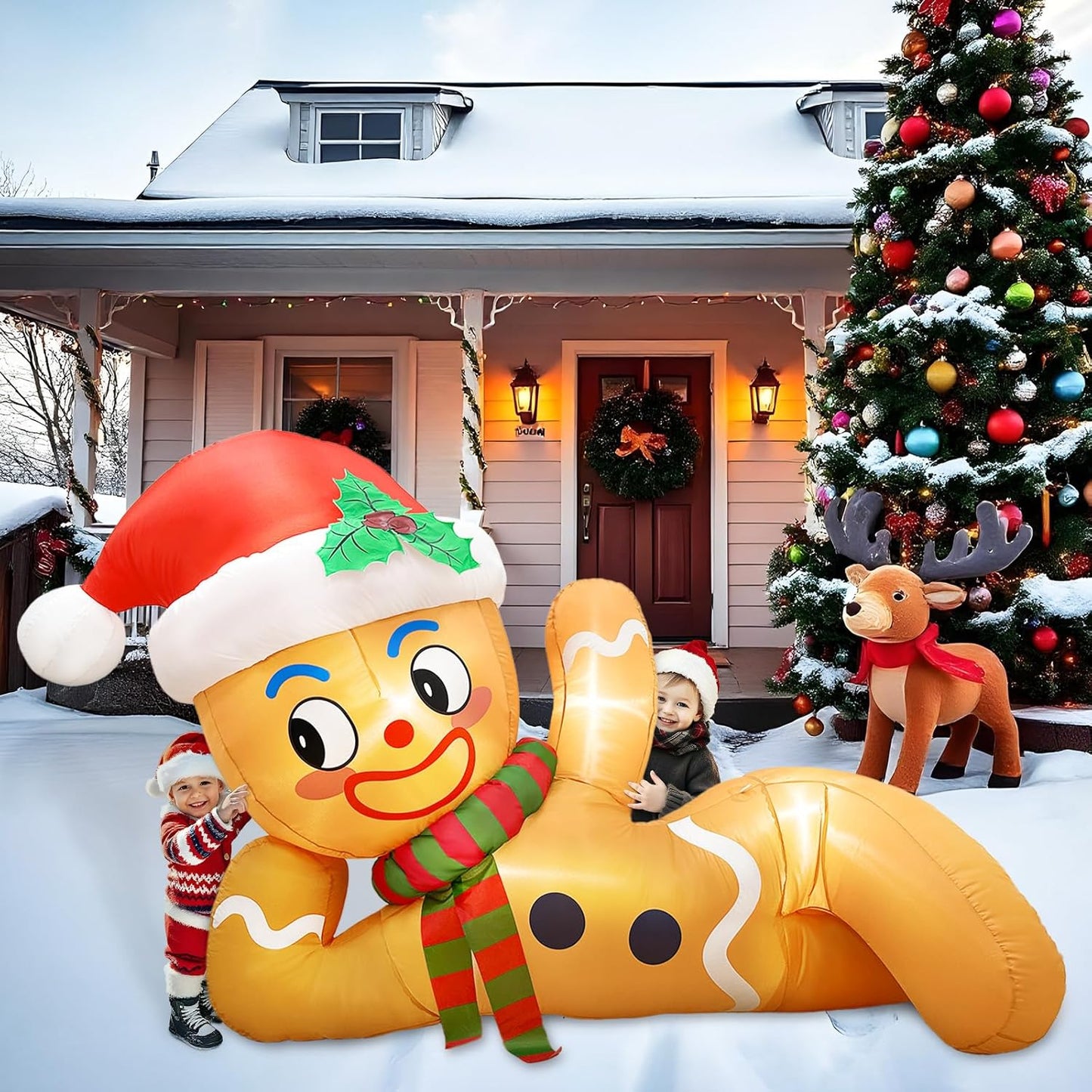 10-foot outdoor Christmas balloon decoration, gingerbread-shaped inflatable Christmas balloon decoration with light-emitting lamps, suitable for use in courtyards, gardens, and lawns as gingerbread-style Christmas decorations.