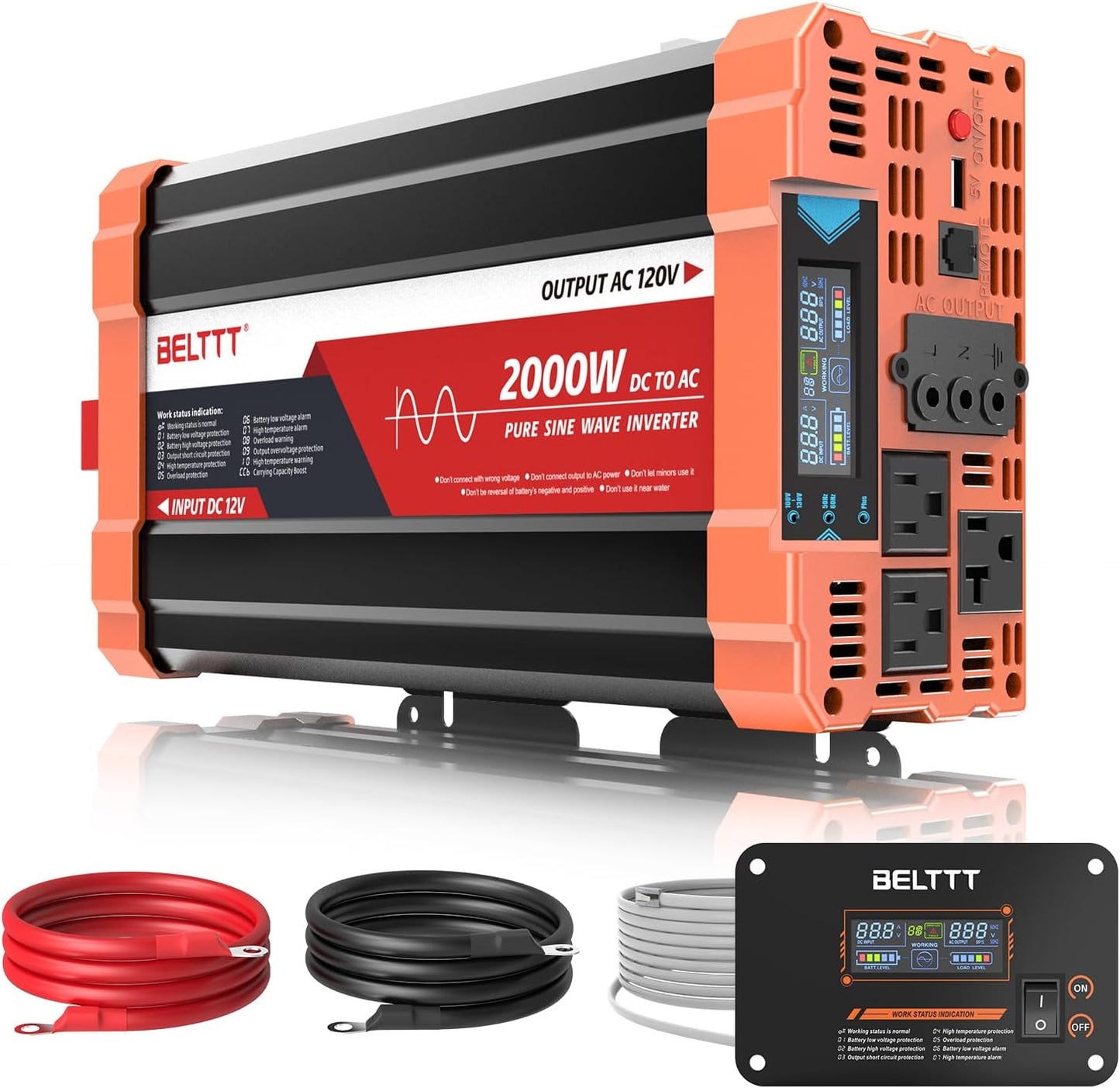 2000W Pure Sine Wave Inverter, Car Power Inverter 12V to 120V AC Converter for RV, Truck, Solar, Outdoor with Dual AC and 20A Socket, 5V 2.1A USB, Surge 4000W, Hardwire Port, Remote Controller
