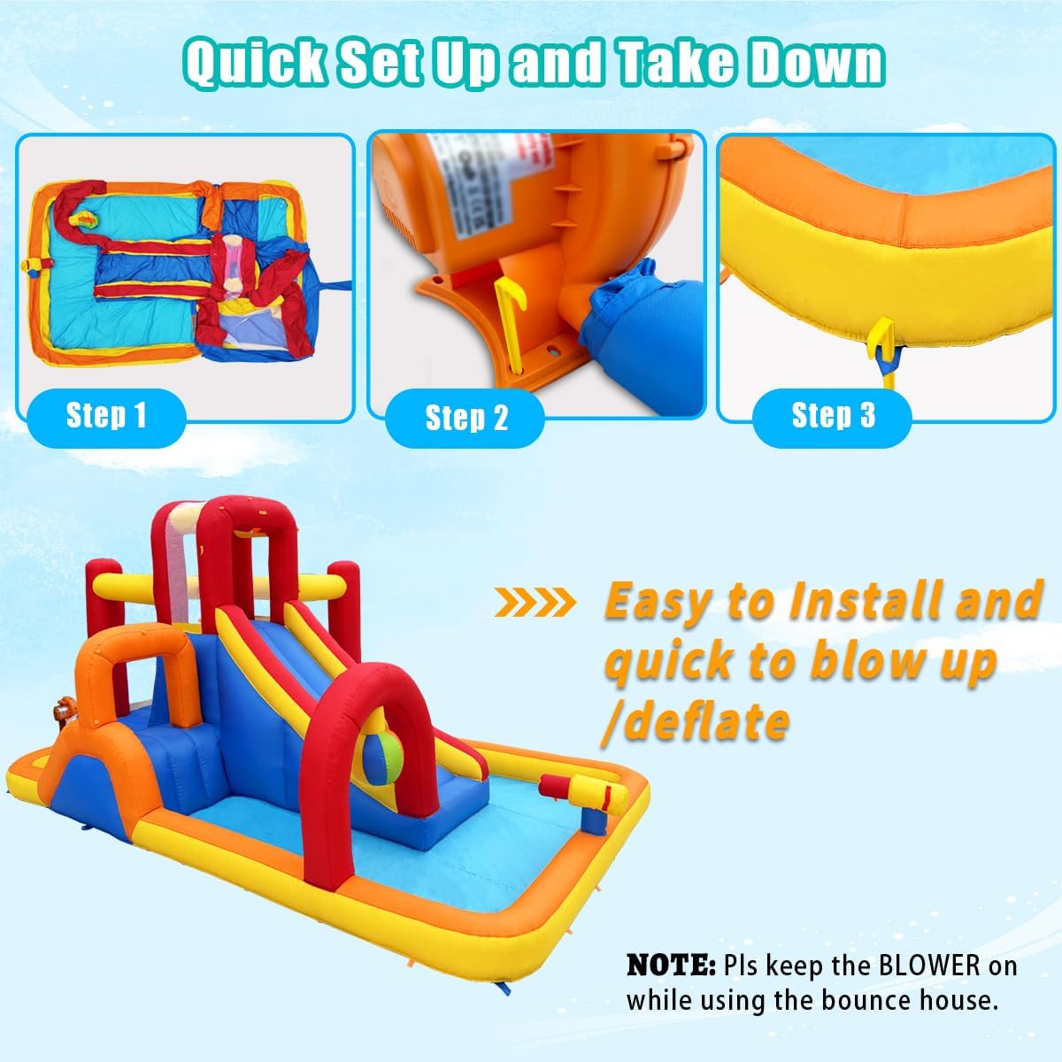Inflatable Water Slide, 10 in 1 Water Park Bounce House with Blower, Splash Pool, 2 Slides, Water Cannon, Climbing Wall, Blow up Water Slides for Kids Outdoor Backyard