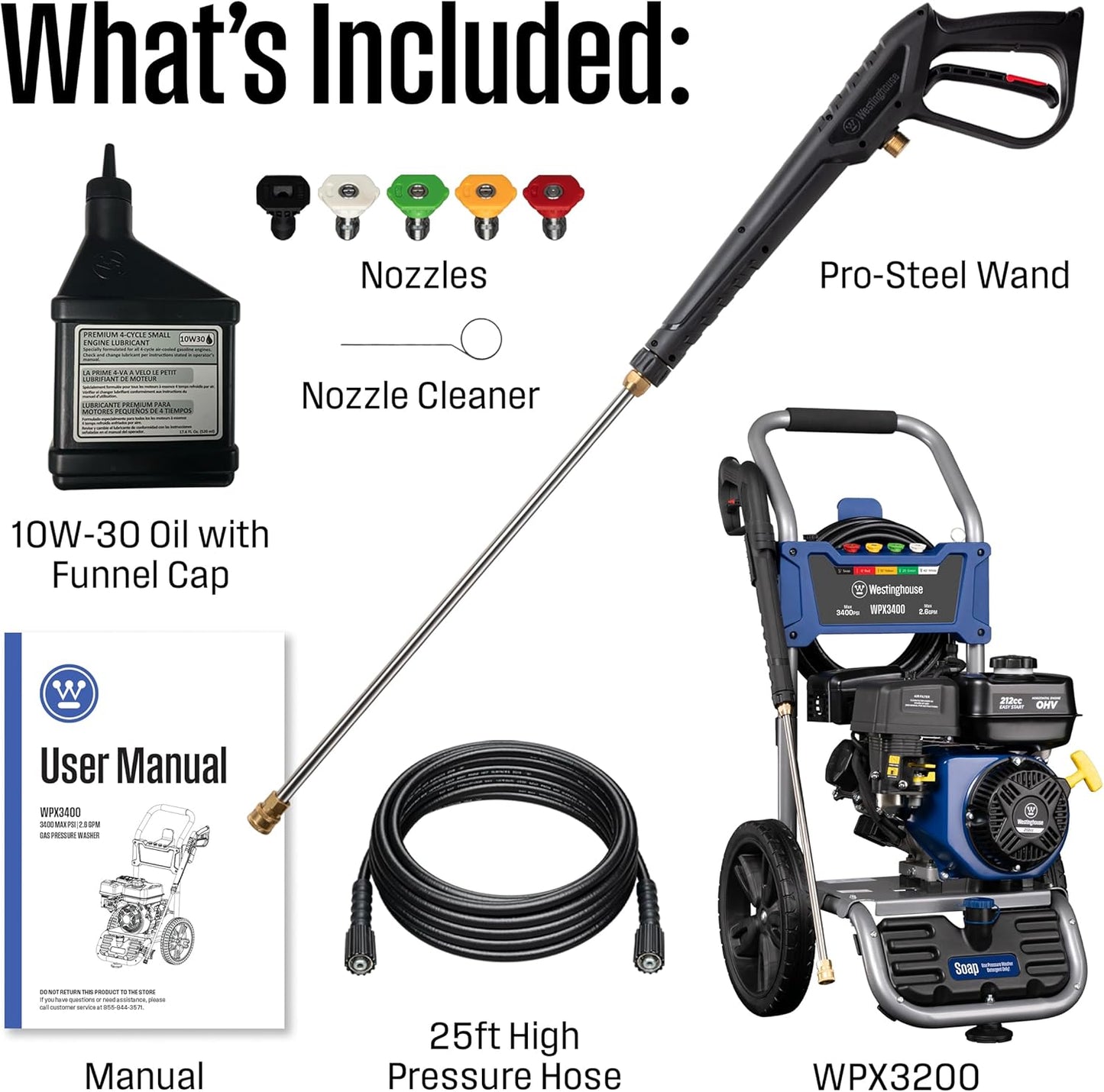 WPX3400 Gas Pressure Washer, 3400 PSI and 2.6 Max GPM, Onboard Soap Tank, Spray Gun and Wand, 5 Nozzle Set, for Cars/Fences/Driveways/Homes/Patios/Furniture
