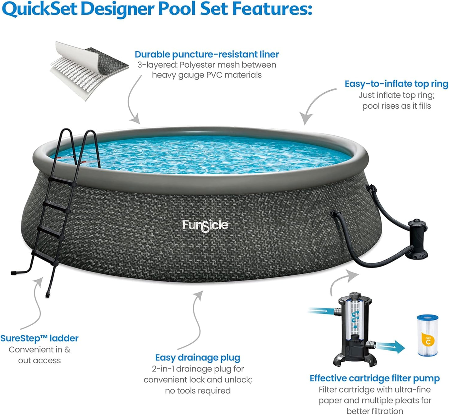 12 Foot by 36 Inch Quickset Round Inflatable Ring Top Outdoor Above Ground Swimming Pool Set with Pump and Cartridge Filter, Dark Herringbone