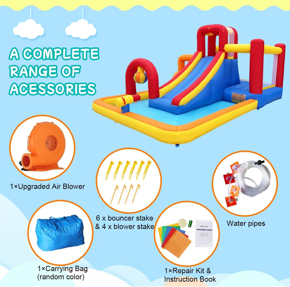Inflatable Water Slide, 10 in 1 Water Park Bounce House with Blower, Splash Pool, 2 Slides, Water Cannon, Climbing Wall, Blow up Water Slides for Kids Outdoor Backyard