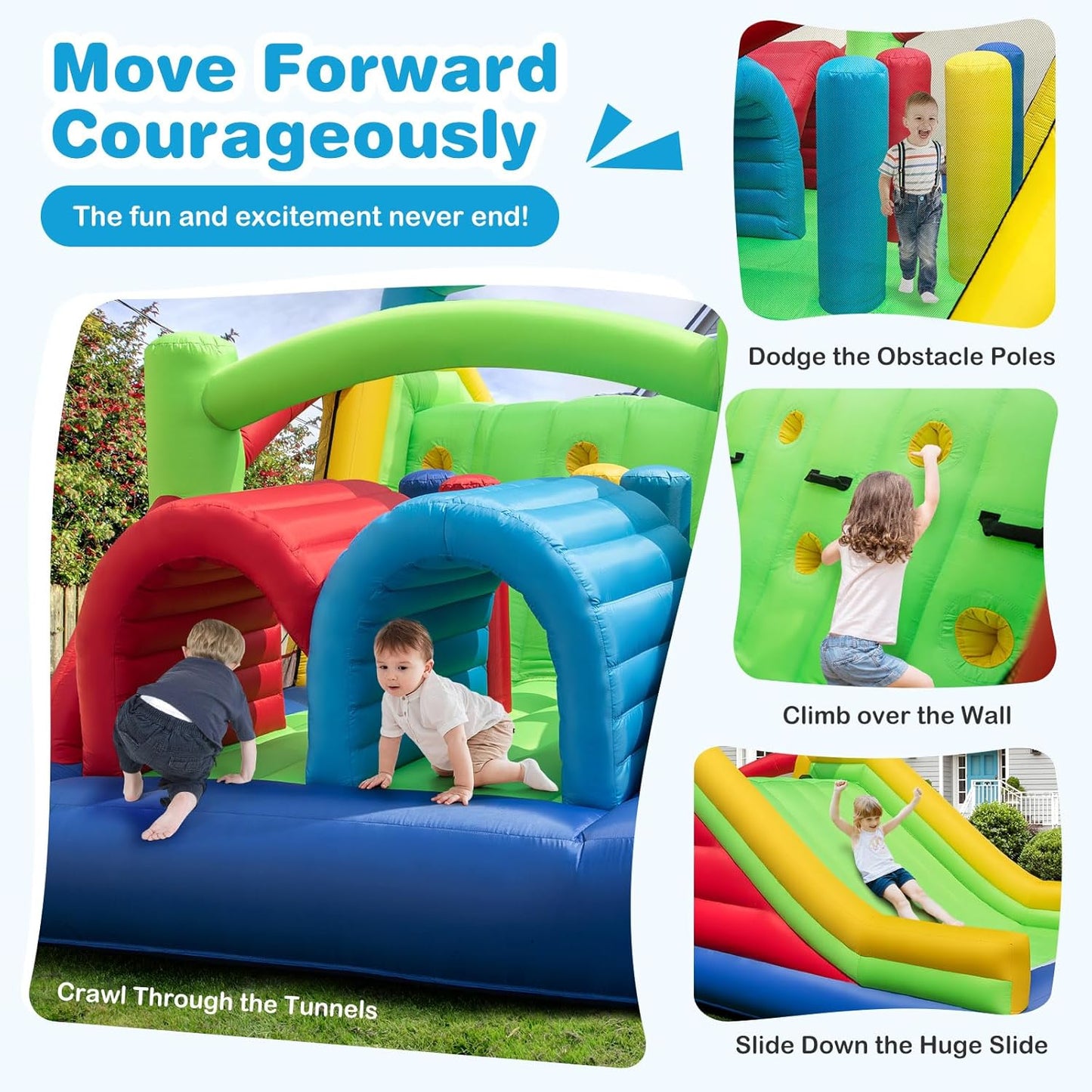 Inflatable Obstacle Course Bounce House, Kids Huge Sectional Bouncy Castle with Dual Slides, Tunnels, Bounce Area, Climbing, Obstacles, Playhouse for Kids Indoor Outdoor Birthday Party Gift