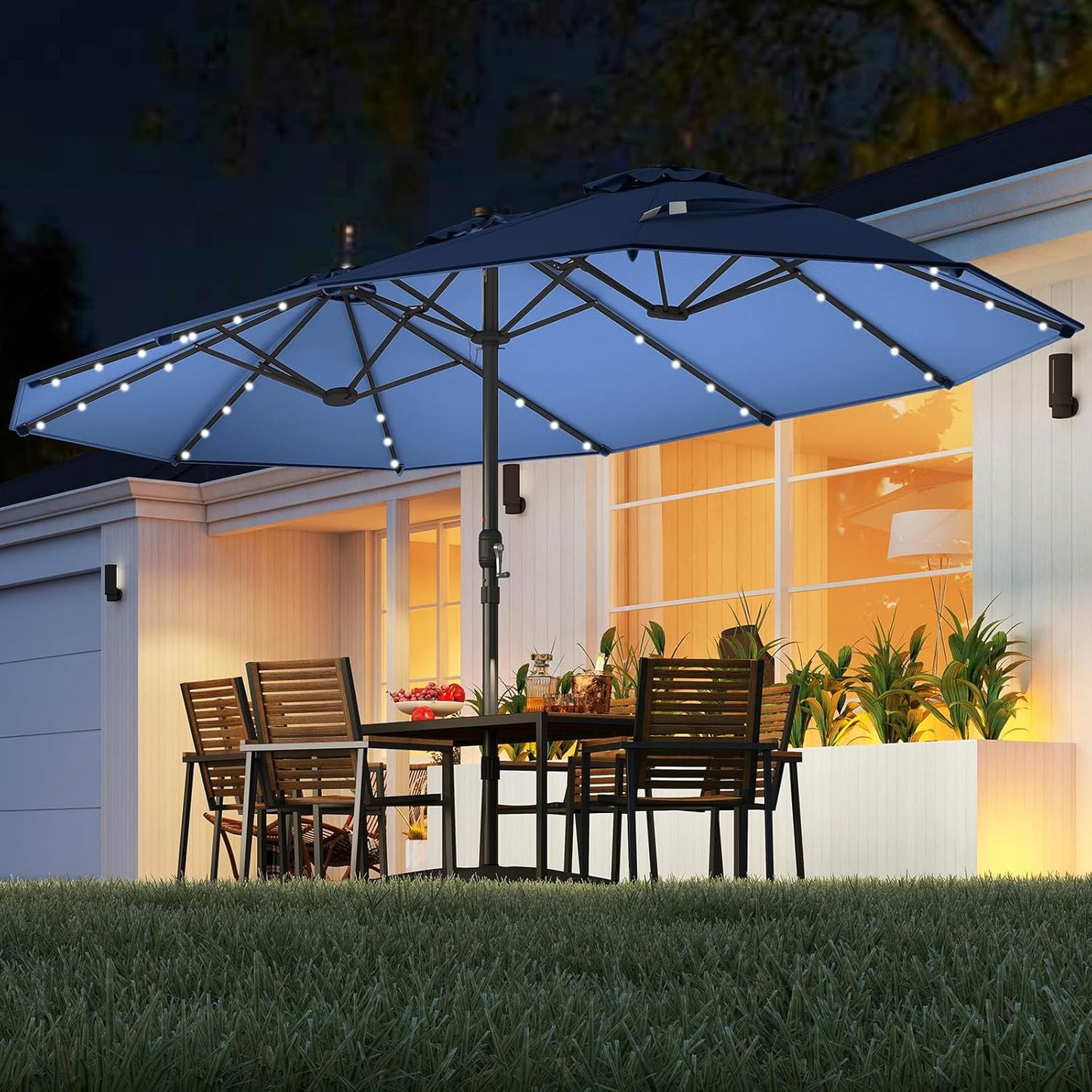 15-foot double-sided courtyard sunshade umbrella, equipped with solar lights, large-sized canopy / with 48 built-in LED lights and an automatic charging solar panel, outdoor double-person market sunshade umbrella, with heavy-duty base support支架