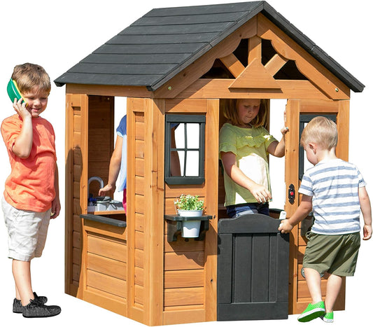 Children's playhouse cabin, equipped with a game kitchen, snack bar, half-door, toy phone, windows, flower pot stand and an operable doorbell, suitable for creative outdoor games.