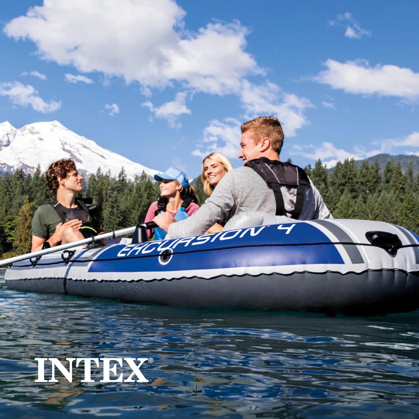 Excursion Inflatable Boat Series: Includes Deluxe 54in Boat Oars and High-Output Pump �� SuperTough PVC �� Adjustable Seats with Backrest �� Fishing Rod Holders �� Welded Oar Locks