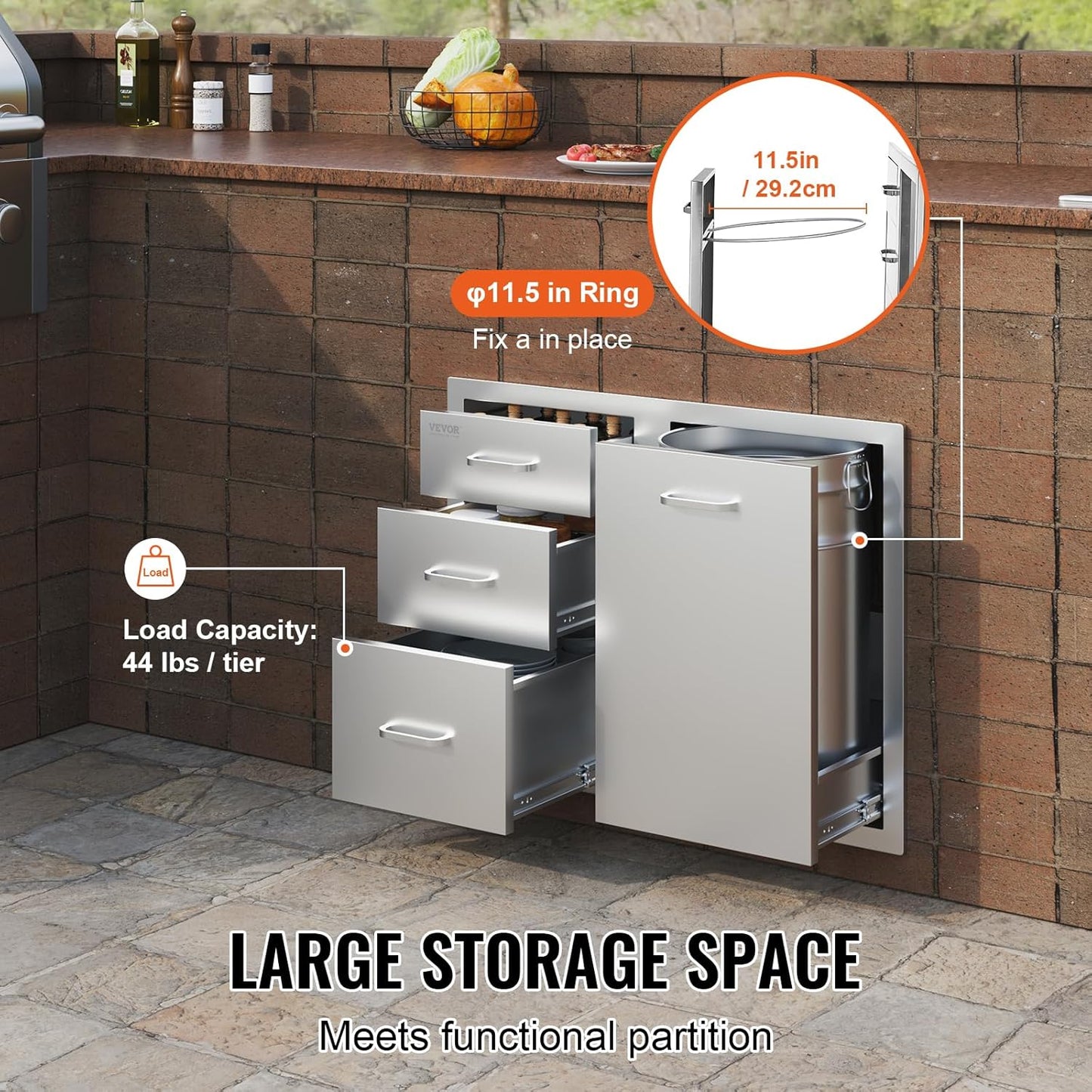 Pull Out Trash Drawer 13.4"W x 25.7"H x 19.6"D Lower Sliding Rails Stainless Steel Roll Out Trash Bin Pull Out Tray Outdoor Kitchen Trash Drawer with Handle for BBQ Island Grill Station