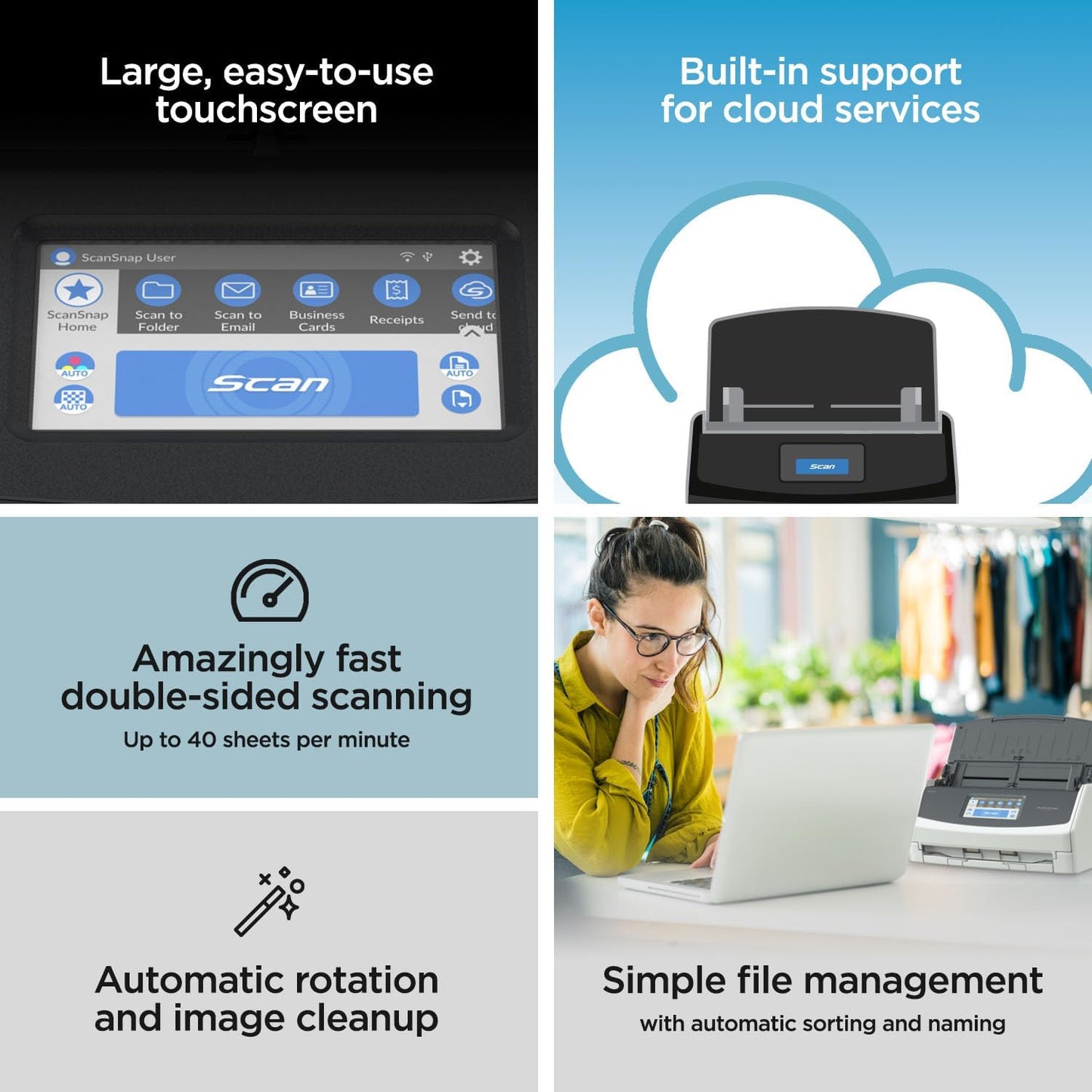iX1600 Wireless or USB High-Speed Cloud Enabled Document, Photo & Receipt Scanner with Large Touchscreen and Auto Document Feeder for Mac or PC, 17 watts, Black