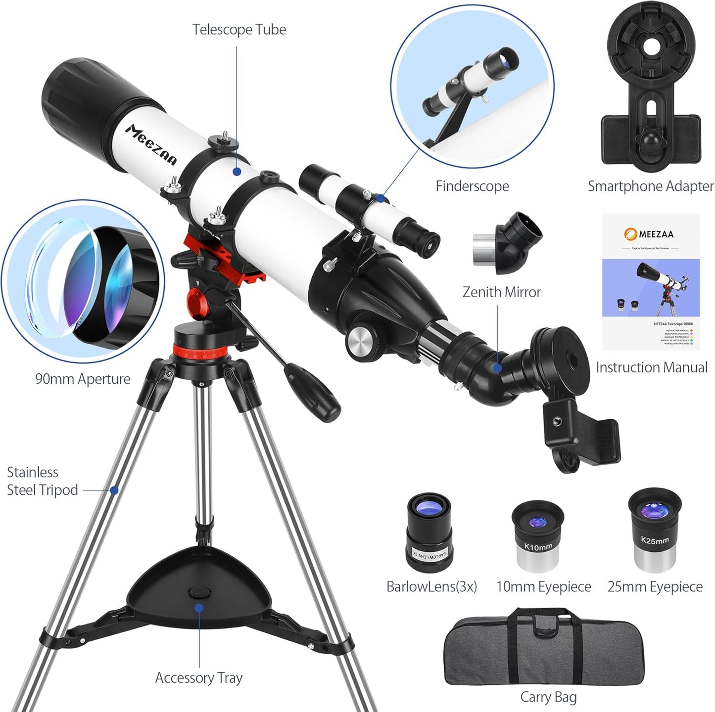 Telescope, Telescope for Adults High Powered Professional, 90mm Aperture 800mm Refractor Telescopes for Astronomy Beginners Fully Multi-Coated with AZ Mount Tripod & Phone Adapter & Carry Bag
