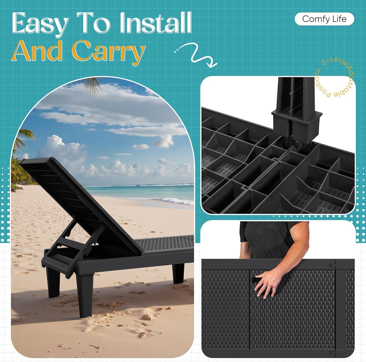 Outdoor Chaise Lounge Chair Set of 2 for Patio Poolside, Waterproof & Adjustable & Easy Assembly Sun Lounger for Outside Deck, Pool, Beach, Black