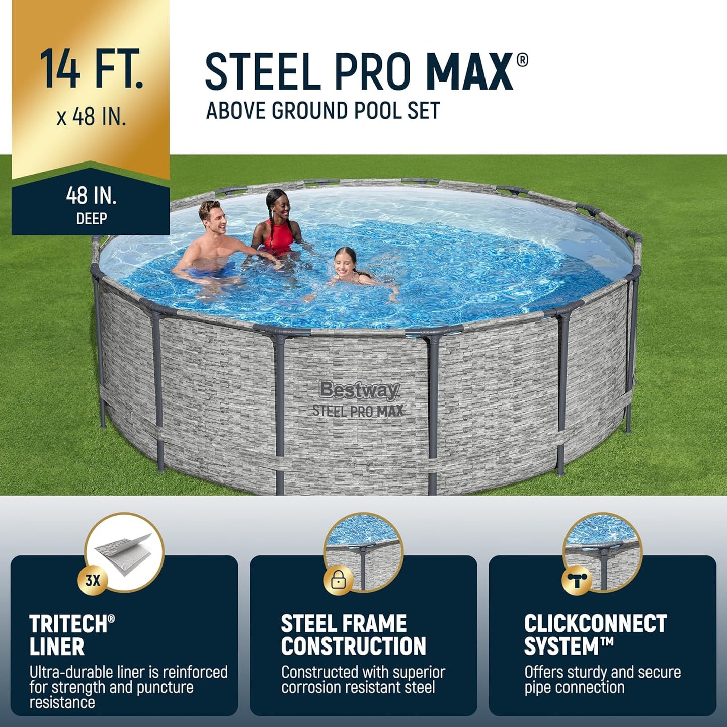 Above Ground Swimming Pool w/ Pump, Cover, & Ladder, 14' x 48", Steel Pro MAX, Gray - Backyard Outdoor Round Pool w/ Filter, 42-Inch Deep Water