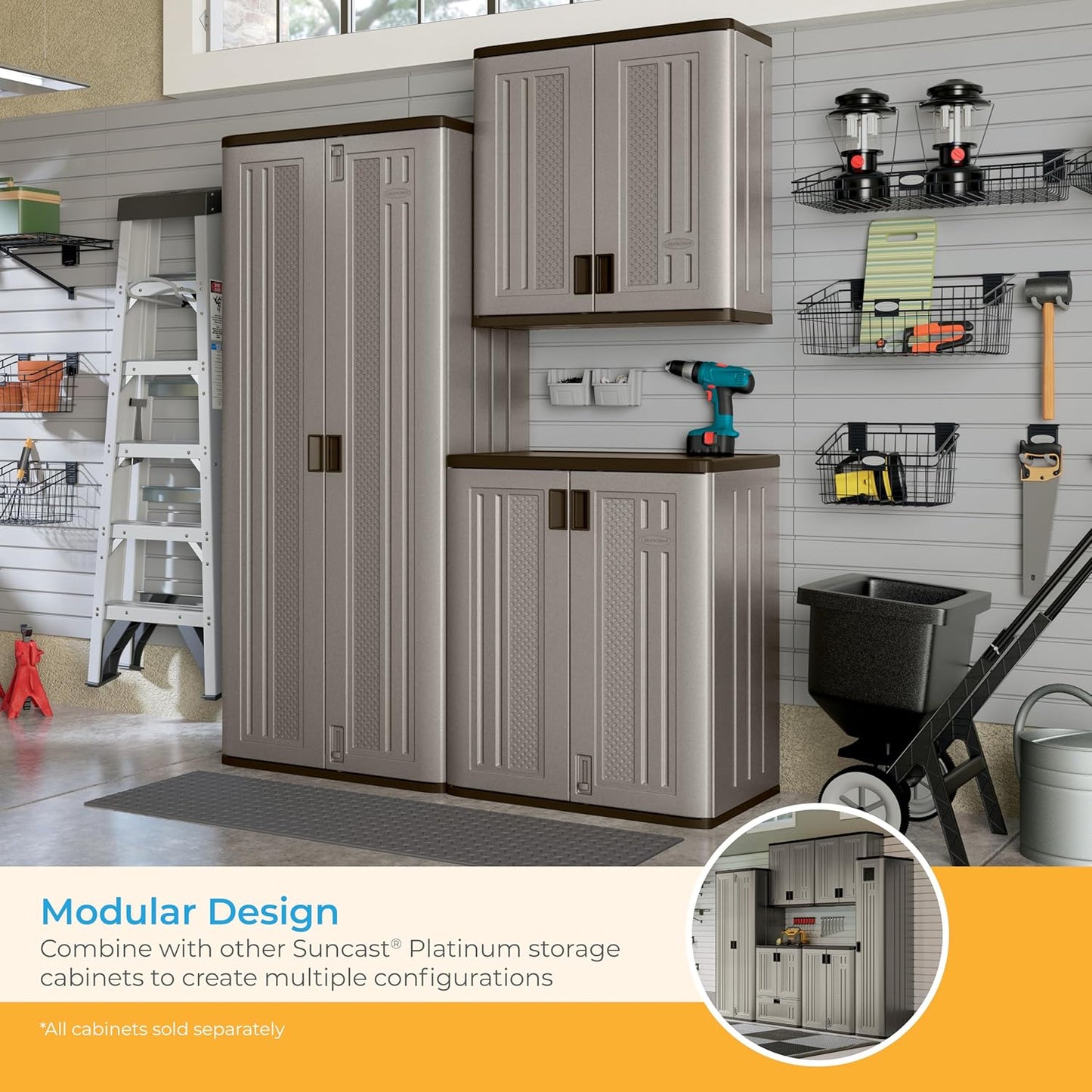 72-Inch Platinum Resin Storage Cabinet with Durable Double-Wall Construction, and Metal-Reinforced Shelves for Basement, Utility Room and Garage Storage, Platinum, Made in the USA
