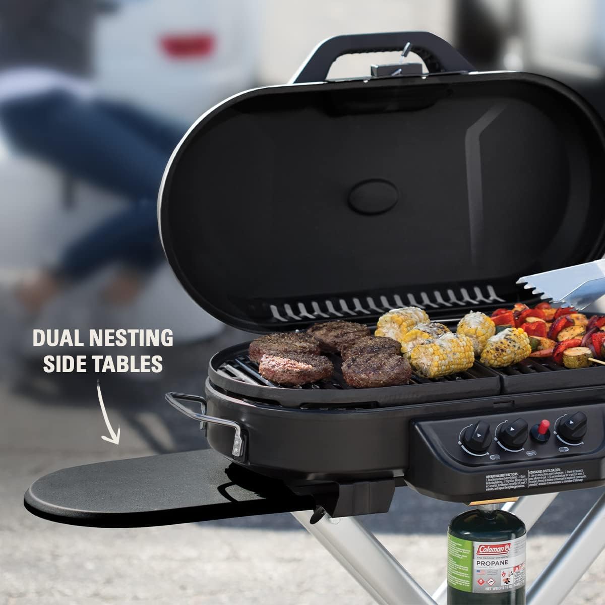 RoadTrip Portable Stand-Up Propane Grill with 3 Adjustable Burners & Instastart Ignition, 20,000 BTUs of Power for Outdoor Cooking