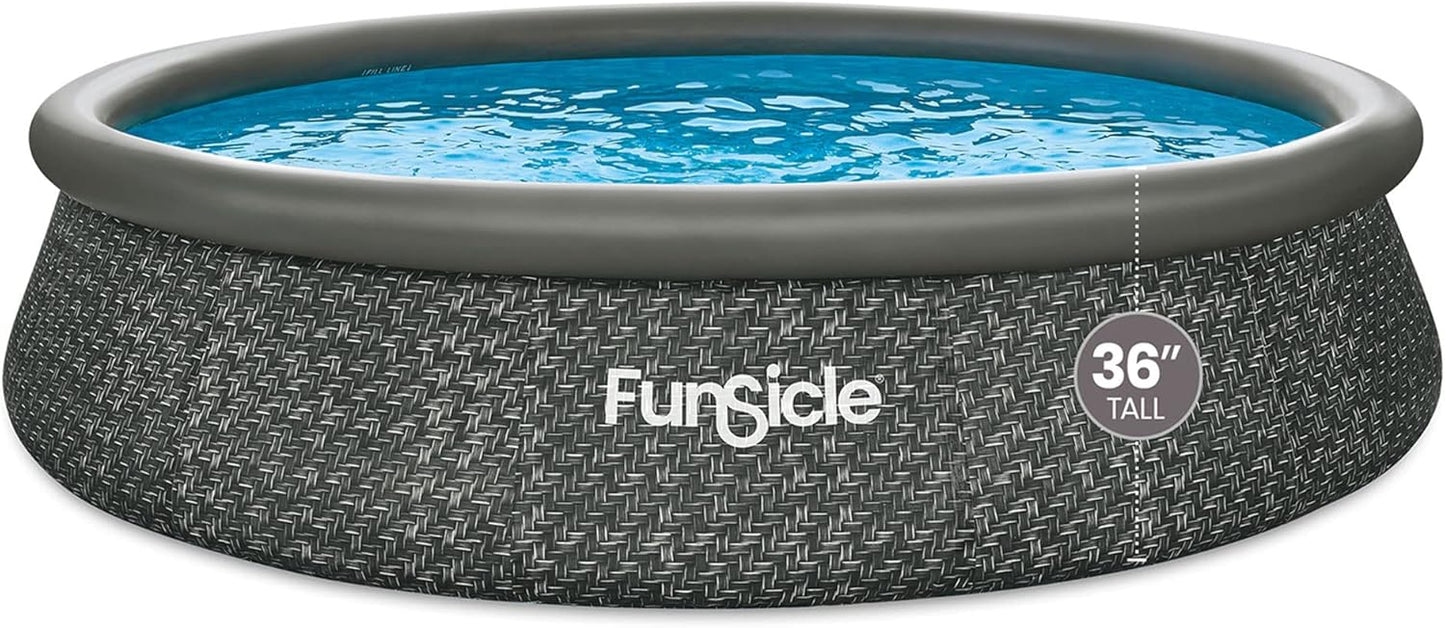 12 Foot by 36 Inch Quickset Round Inflatable Ring Top Outdoor Above Ground Swimming Pool Set with Pump and Cartridge Filter, Dark Herringbone